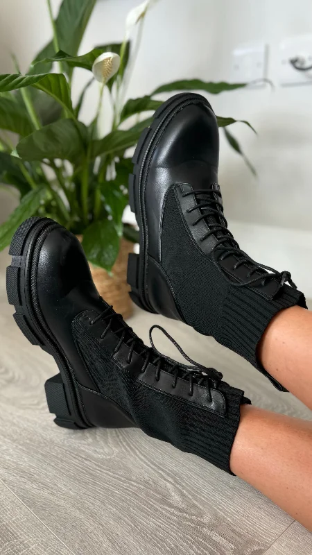 Roxanne Black Wedge Lace Up Ankle Boots