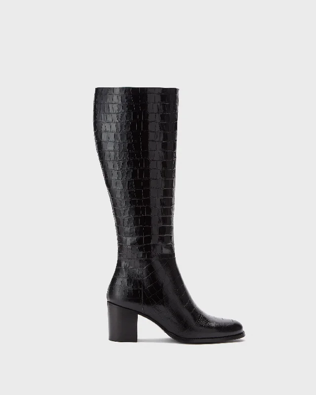 Dalia Tall Knee High Boots in Black Croc