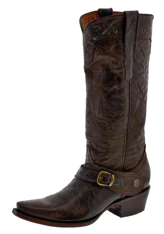 Womens Hayek Dark Brown Leather Cowboy Boots Studded - Snip Toe