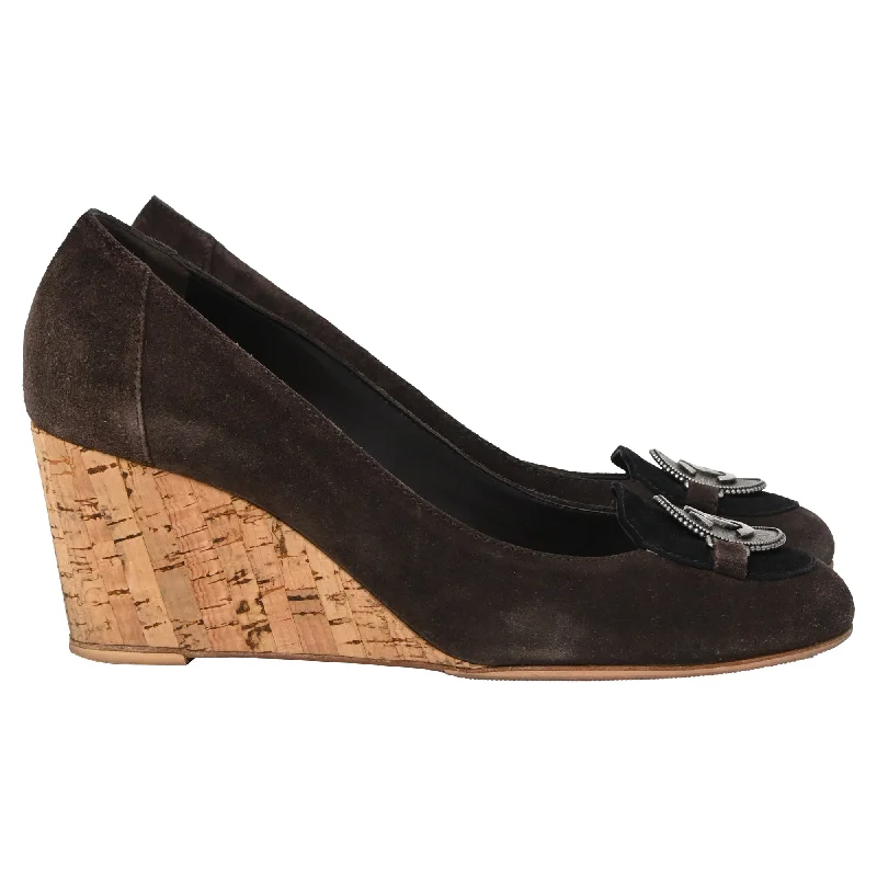 Chanel Interlocking CC Logo Medallion Wedge Pumps in Brown Suede